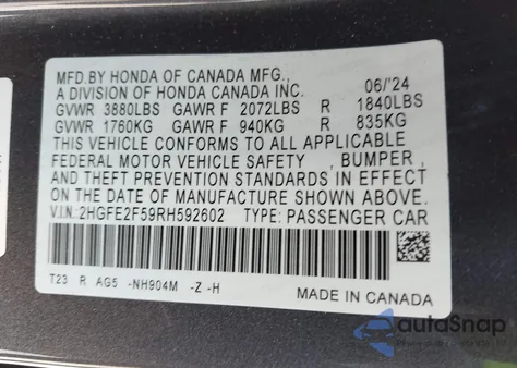 2024 Honda Civic Sport из США, поврежденный, VIN 2HGFE2F59RH592602